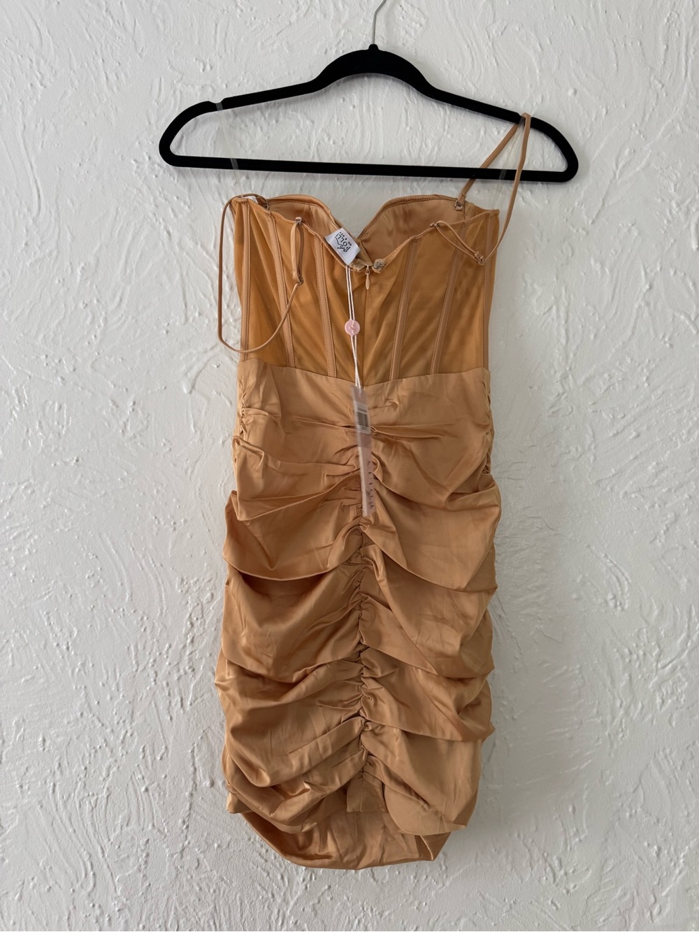 Oh Polly Satin Sculpted Bustier Mini Dress in Camel - Picture 2 of 3
